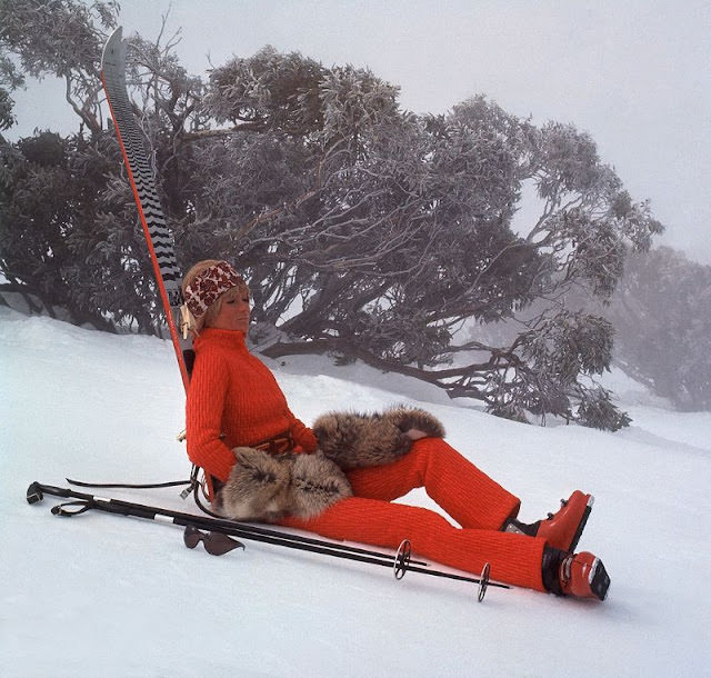 Veruschka in a ski-suit with fox-fur mittens, Vogue, 1969