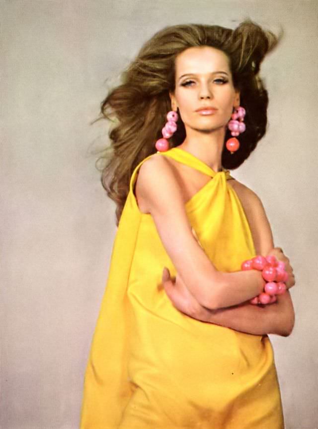 Veruschka in a golden sunflower silk crêpe dress, Vogue, 1967