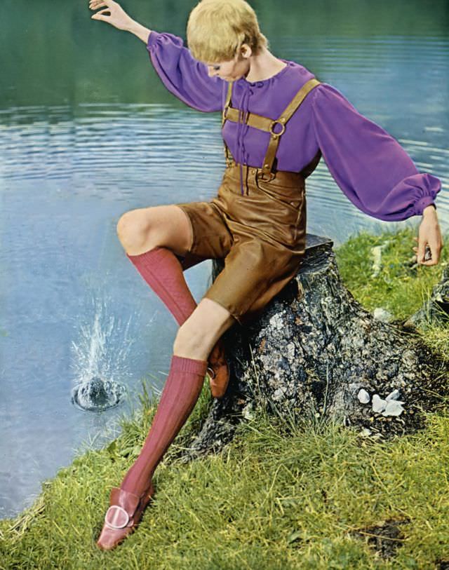 Veruschka in woodcutter's lederhosen, Tyrol, Austria, Vogue, 1967