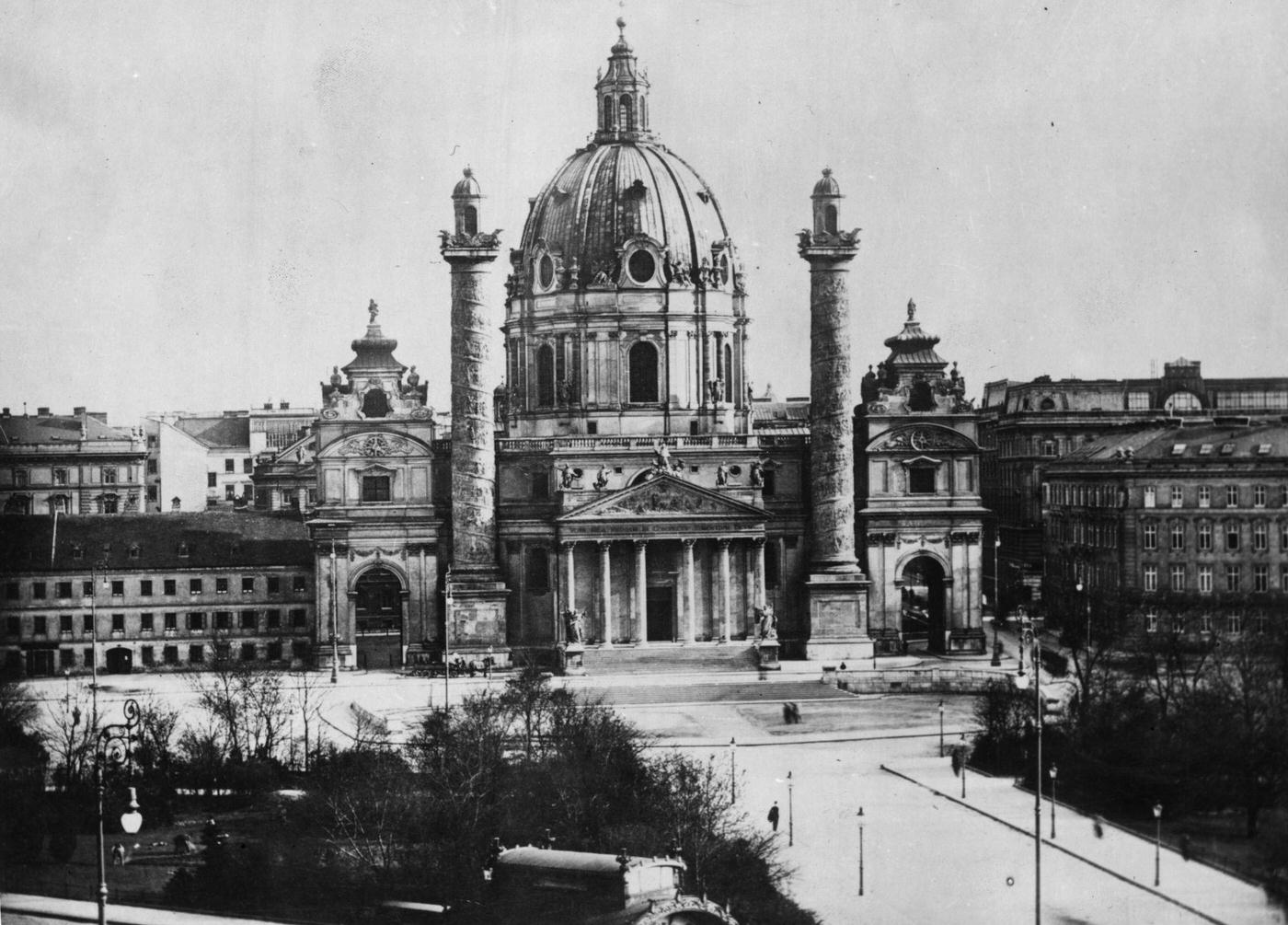 The Karlskirche in Vienna, Built between 1715 - 1737 and designed in a baroque rococo style by architect Johann Fisher von Erlach, Around 1900