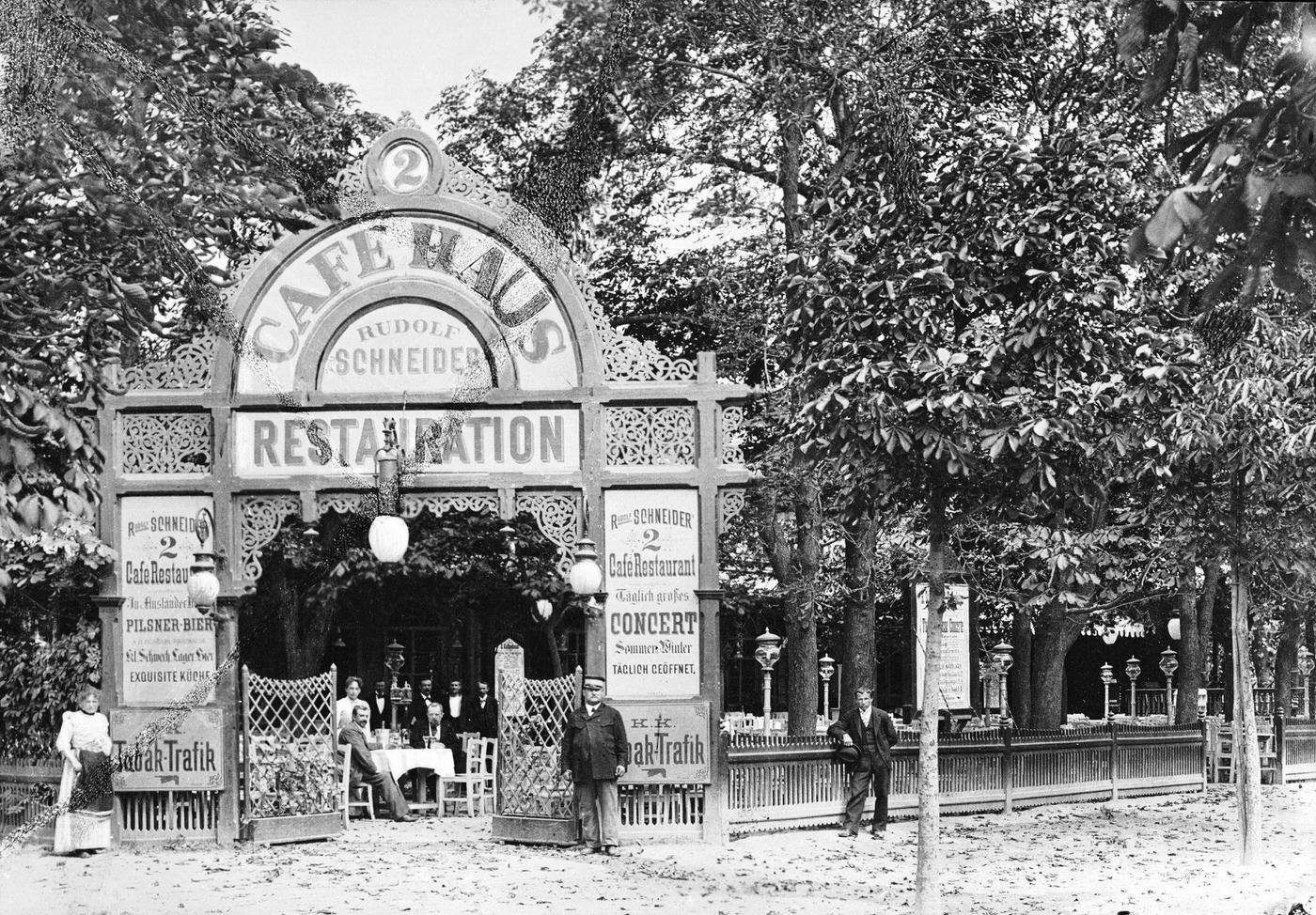 Vienna: Coffee House in Prater. Cafe-Restaurant by Rudolf Schneider. Entrance with the view on chestnut wood Guest garden, Around 1900