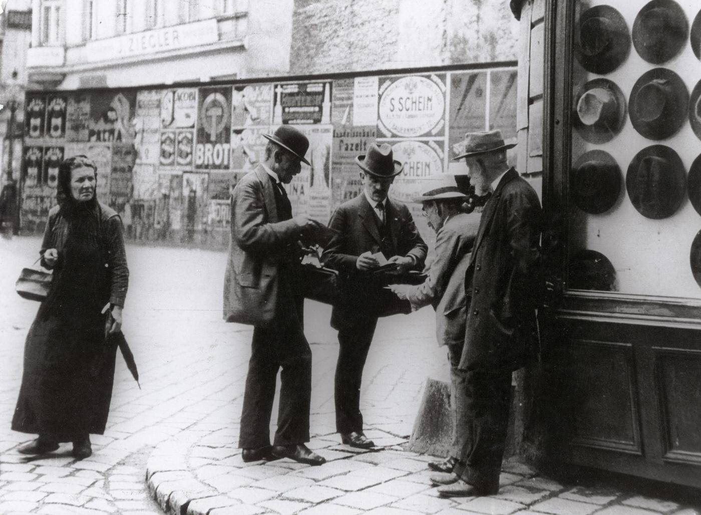 Jewish traders in front of a hat store, Vienna, Around 1900s