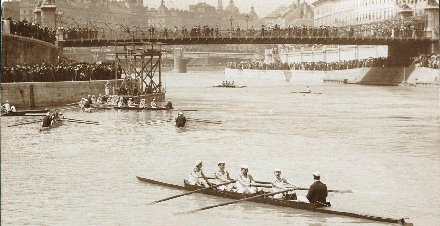 Rowers at the Danube channel, Vienna, Postcard, 1.5. 1904