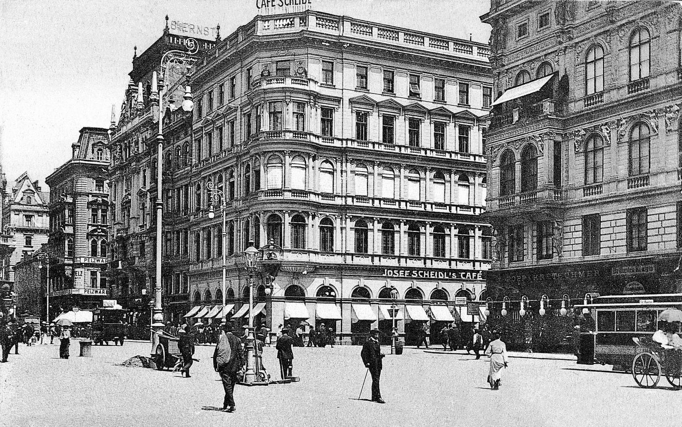 Cafe Scheidl, Cafe Scheidl (Vienna I, corner of Kaerntner Strasse/Walfischgasse) next to the opera house was Herzl's regular cafe since he was a student. Cafe Scheidl was alongside Cafe Griensteidl, Cafe Central and Cafe Museum very popular with all important writers, journalists and artists, 1905