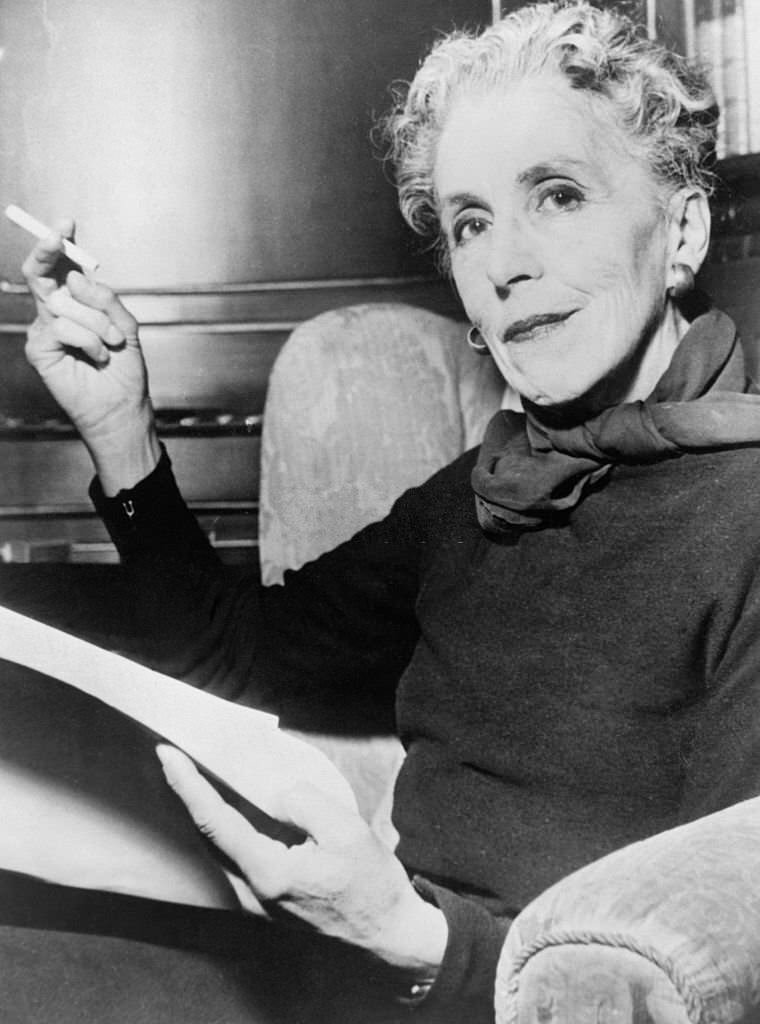 Danish writer Isak Dinesen (Karen Blixen) smoking a cigarette, undated, assumed 1950s.