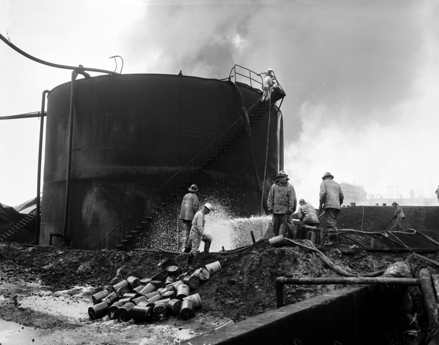 Hancock Oil Fire Clean-Up and Partially Damaged Towers, 1958