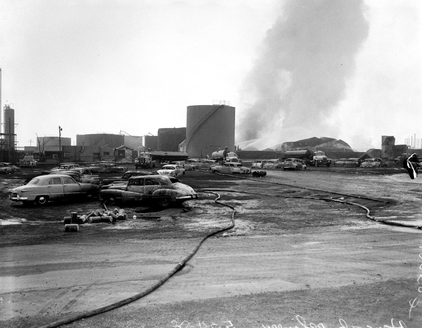 Hancock Oil Fire Clean-Up, Foamite and Water Sprays in Action, 1958