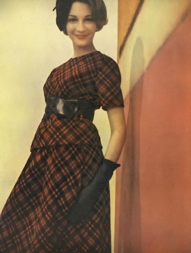 Mimi London in Red Wool Plaid Dress by Geoffrey Beene, 1962