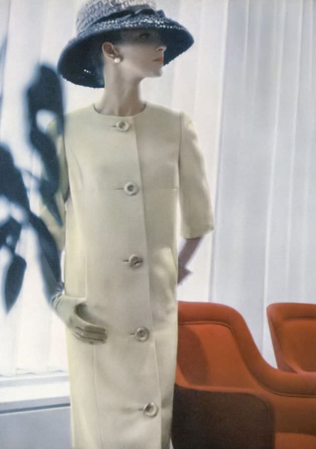 Model in Beige Wool Coat-Dress by Gustave Tassell, 1962