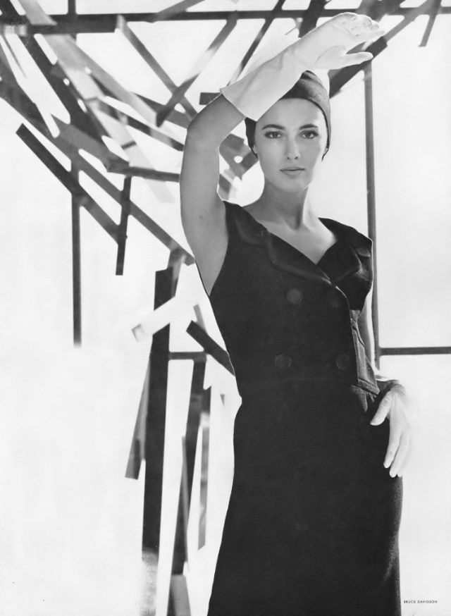 Model in Black Wool Jersey Dress by Galanos, 1963