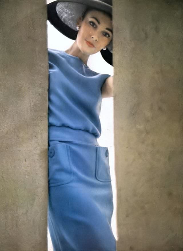 Model in Pale Blue Two-Piece Dress by Jerry Silverman, 1963