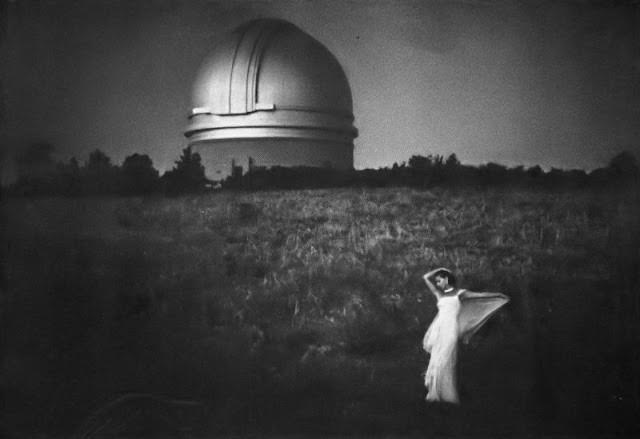 Model in Spiraling Silk Chiffon Dress by Travilla, Palomar Observatory, 1960