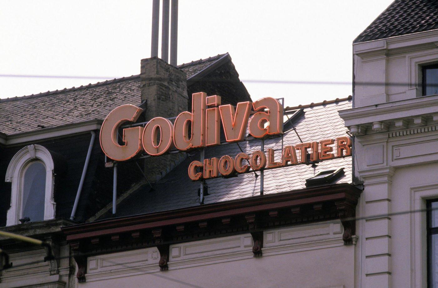 Godiva Chocolaterie Sign in Brussels, Belgium, 1986.