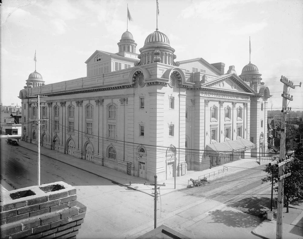 Exterior View of Denver Municipal Auditorium, Neoclassical Features and Horse-Drawn Carriage, 1900s