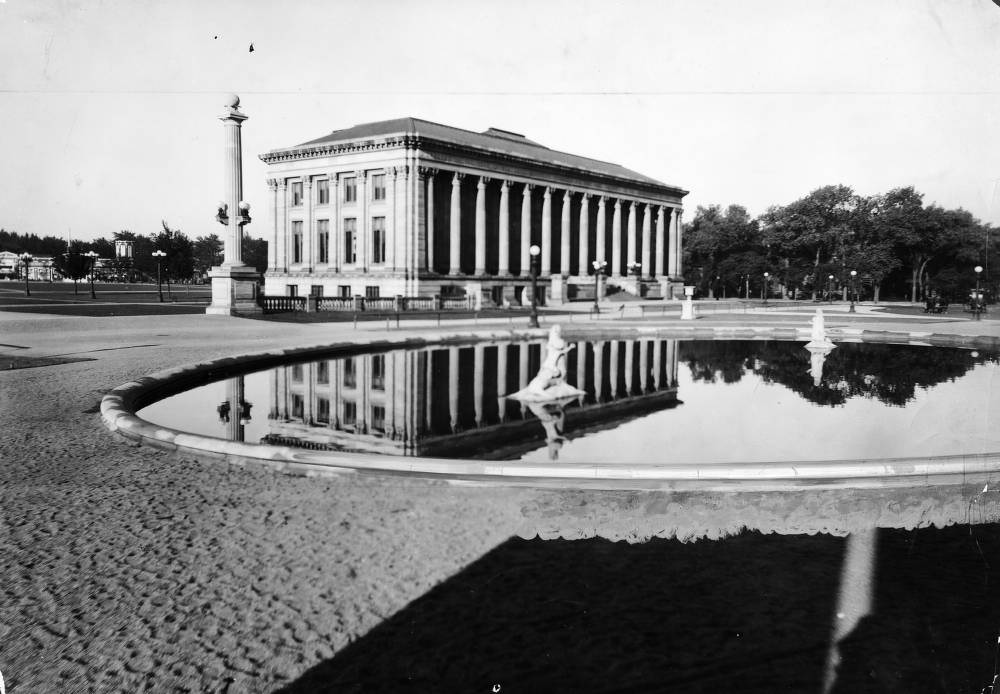 Denver Public Library at Colfax Avenue and Bannock Street with Seal Fountain Nearby, 1909