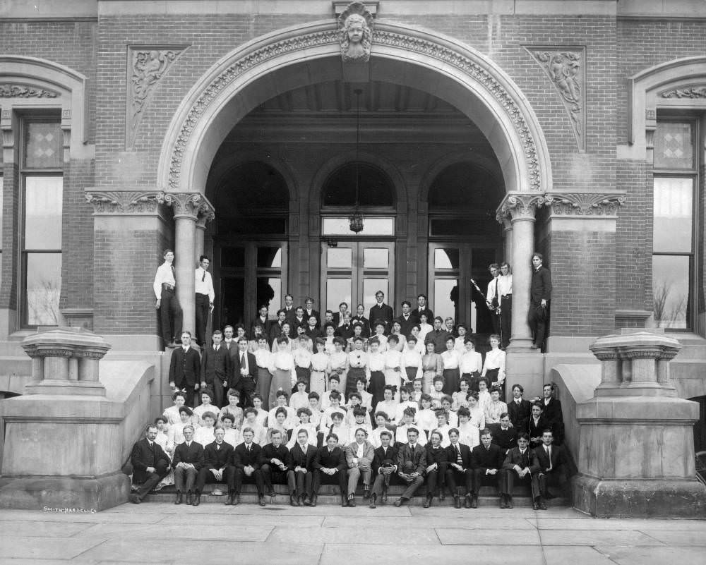 East Denver High School students outside the building, 1900s