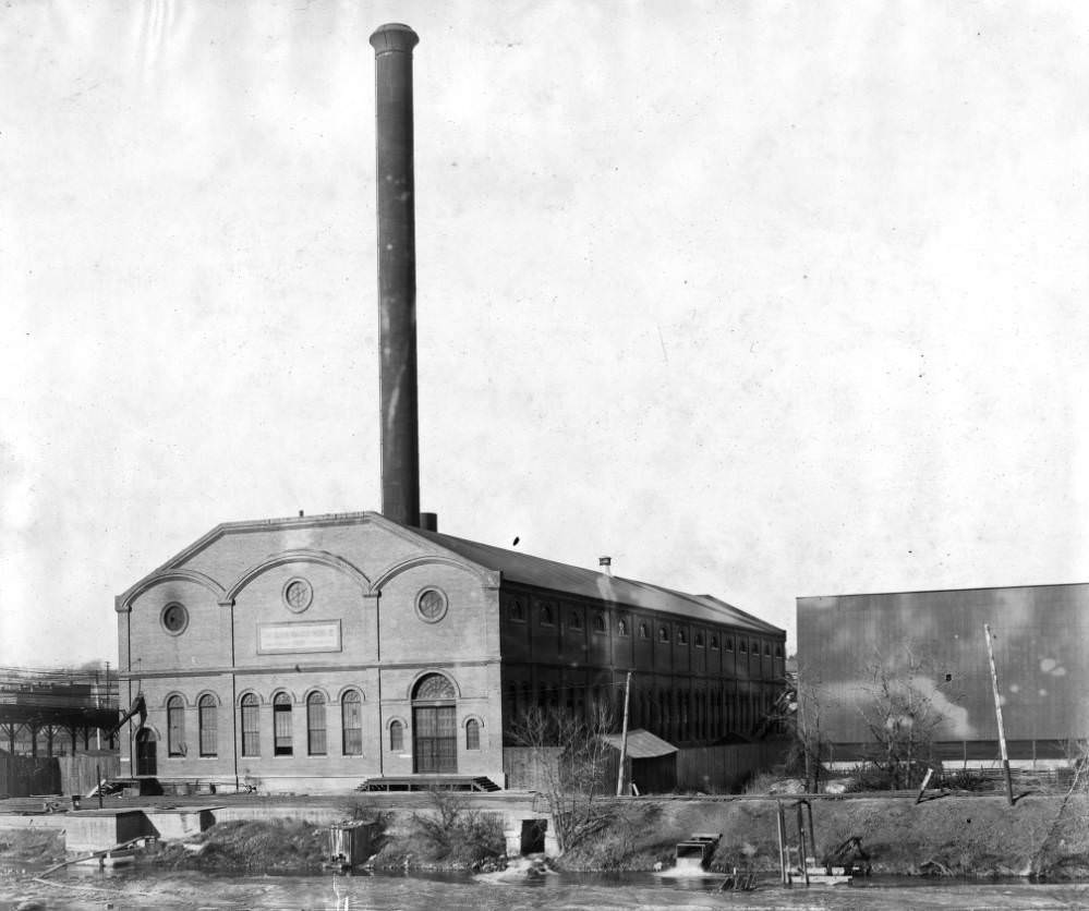 Denver Tramway Power house and South Platte River, featuring 14th Street viaduct, 1905.