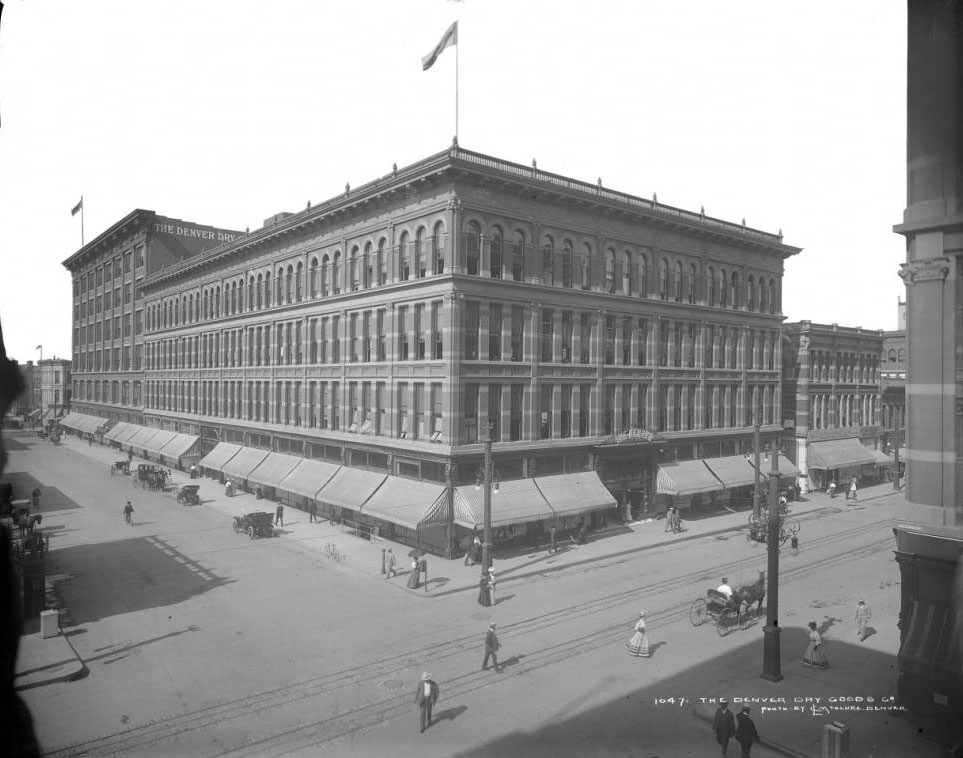 Denver Dry Goods building, featuring early automobiles and various signs, 1908.