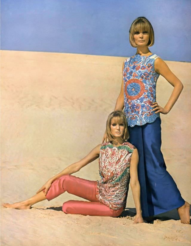 Models in embroidered tunic tops over silk pants by Emilio Pucci, May 1963
