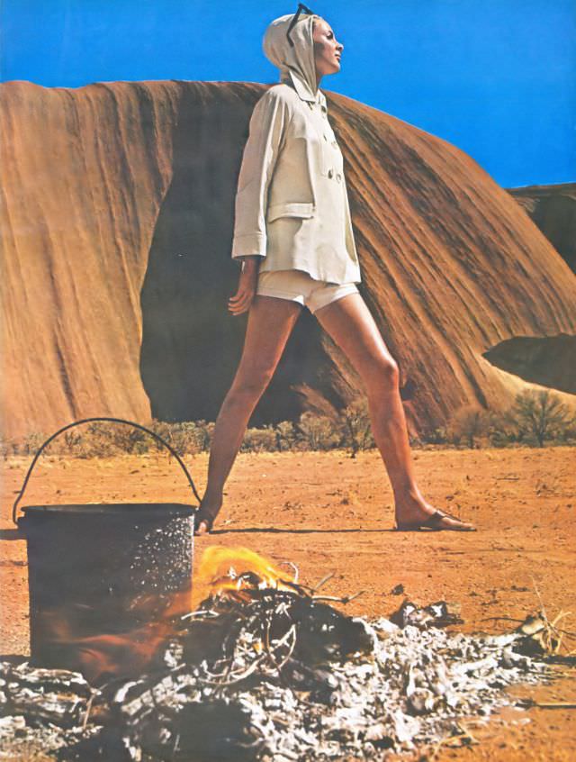 Camilla Sparv in a coat and shorts set at Ayers Rock, Australia, May 1964