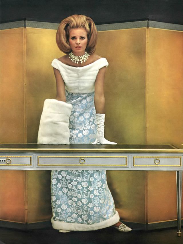 Camilla Sparv in a blue and white brocade dress by Leslie Morris, 1964