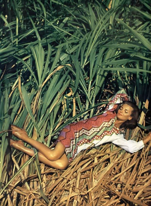Dolores Wettach in a short silk zig-zagged shirtdress in Hawaii, June 1964