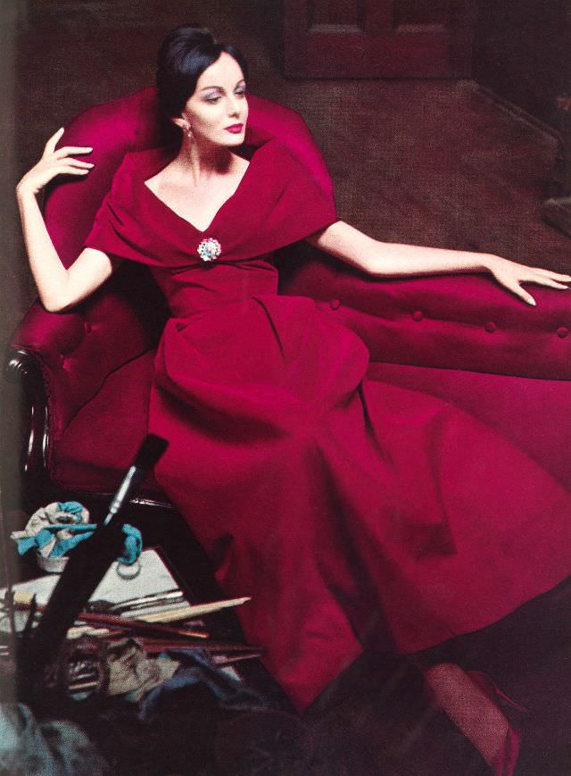 Model in a red evening gown, 1960