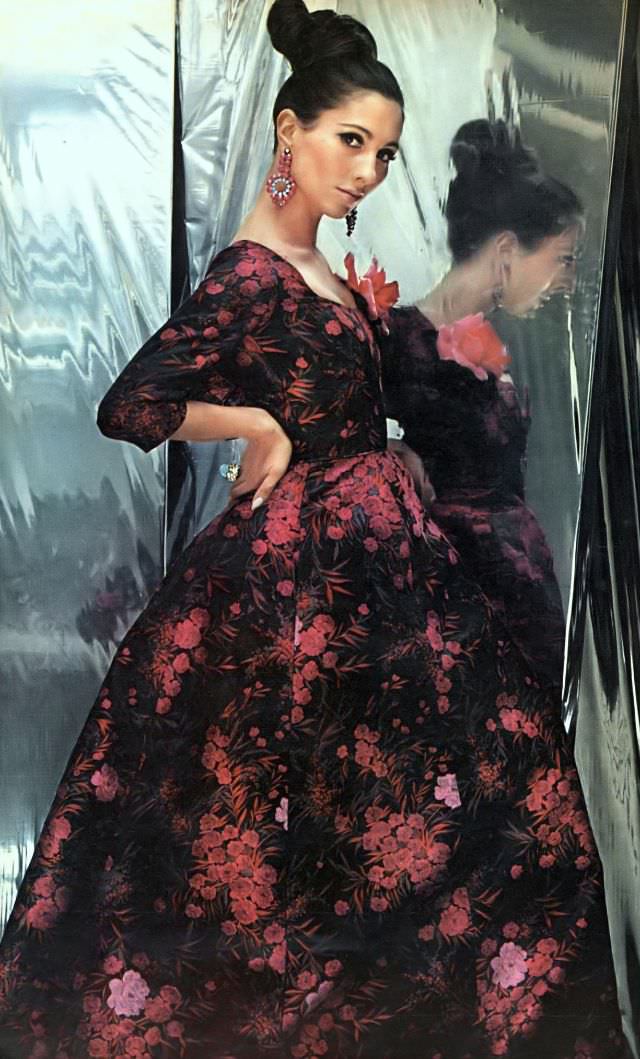 Astrid Schiller in a cerise brocade dress by Sophie of Saks Fifth Avenue, October 1965