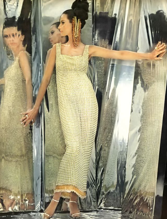 Bettina Lauer in a long beaded gown by Sophie of Saks Fifth Avenue, October 1965