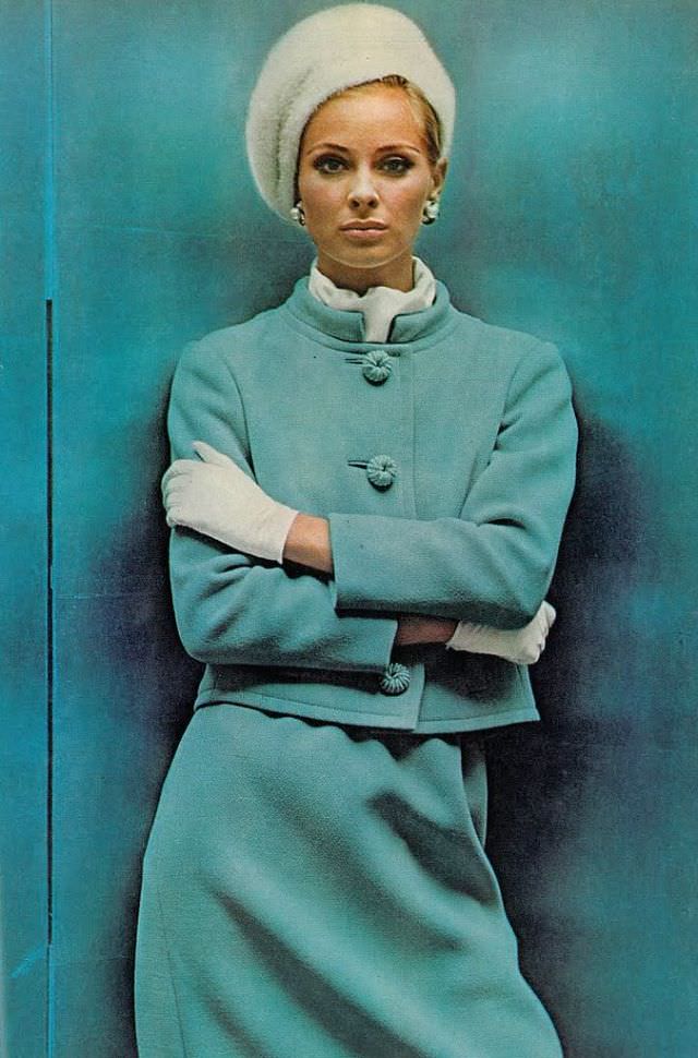 Camilla Sparv in a pale blue wool suit by Seymour Fox, 1965