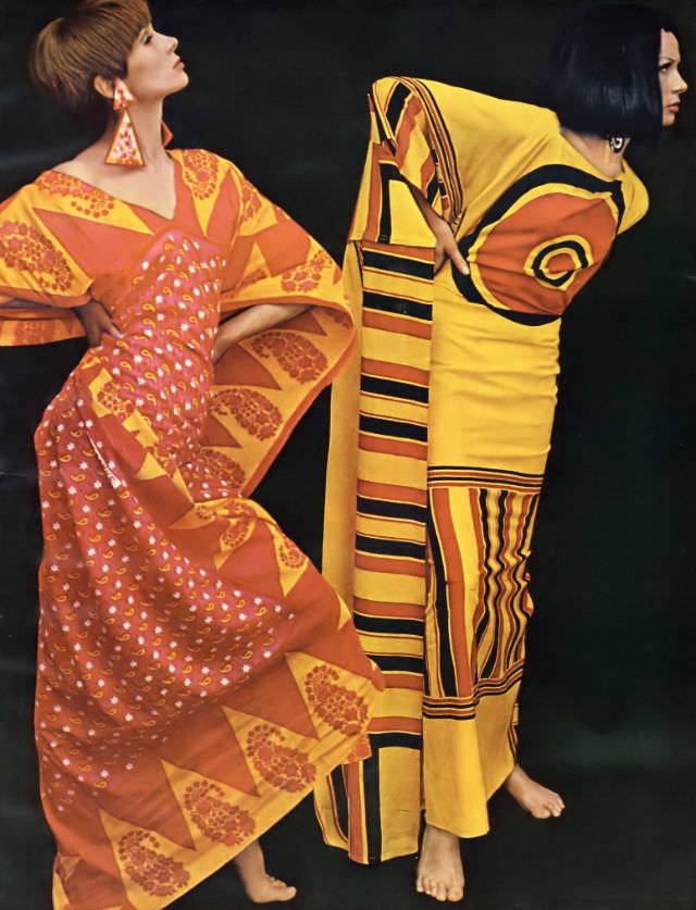 Models in printed cotton gandurahs from Kenya, July 1966