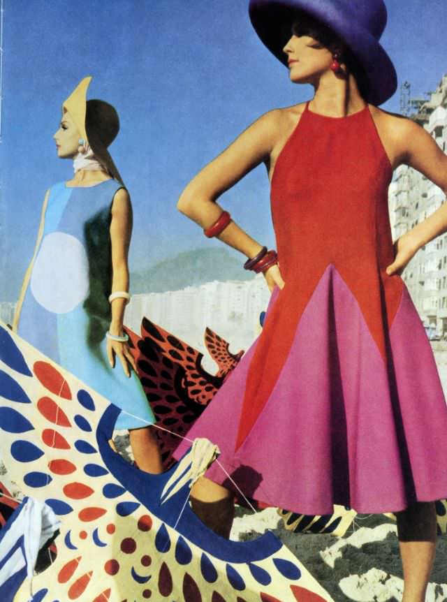 Models in colorful dresses on Copacabana, Rio de Janeiro, 1962