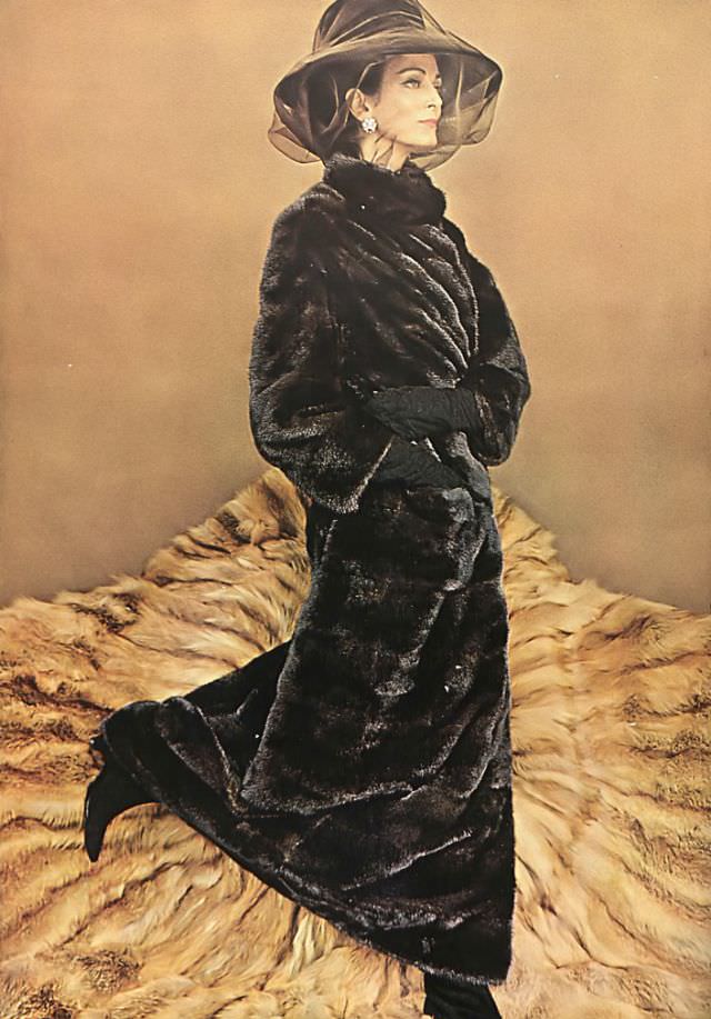 Carmen Dell'Orefice in a mink coat and brown velvet hat by Christian Dior-New York, 1963