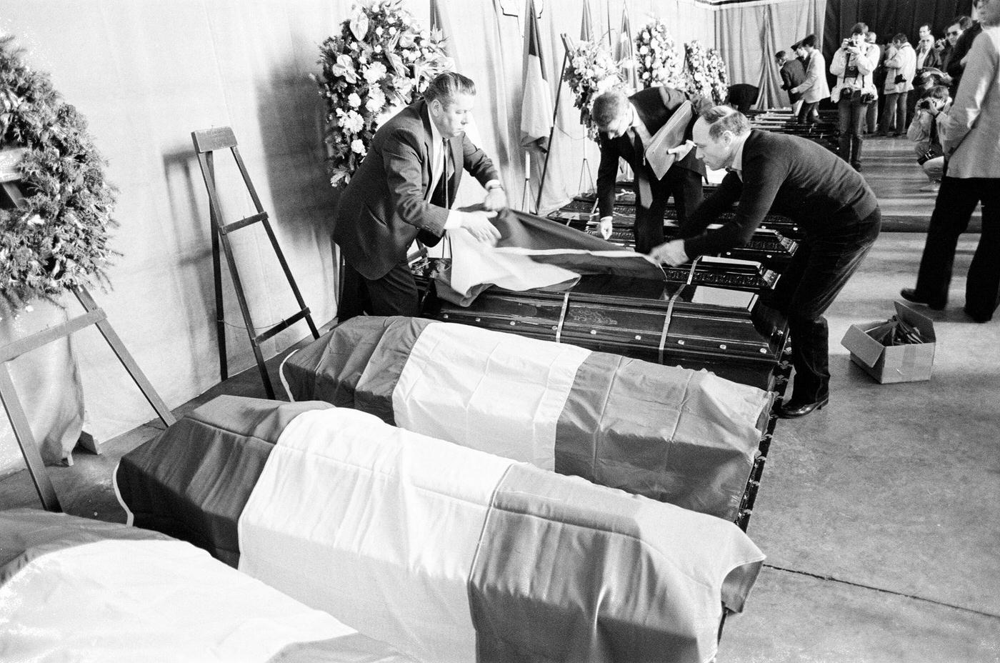 First eleven Italian victims prepared for repatriation after Heysel Stadium disaster, 1985.