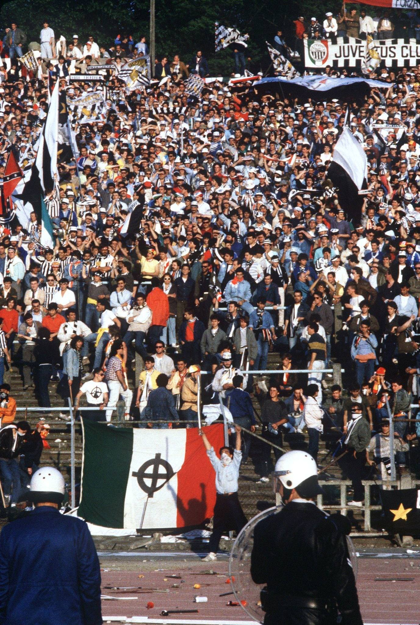 Hooligans face police at scene of Heysel Stadium riots, European Cup Final, 1985.
