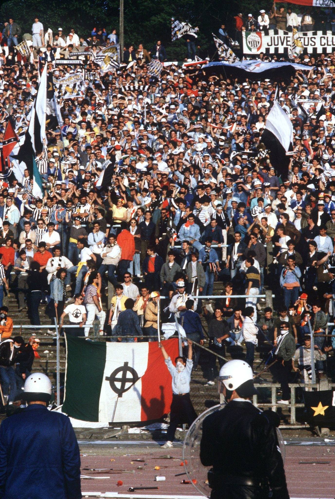 Hooligans face police at scene of Heysel Stadium riots, European Cup Final, 1985.
