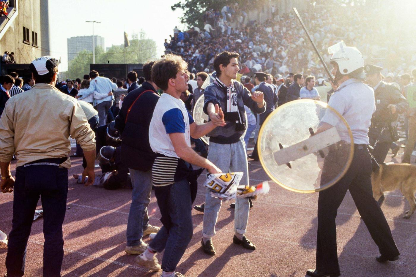 Aftermath of crowd riots during European Cup Final at Heysel Stadium, 1985.