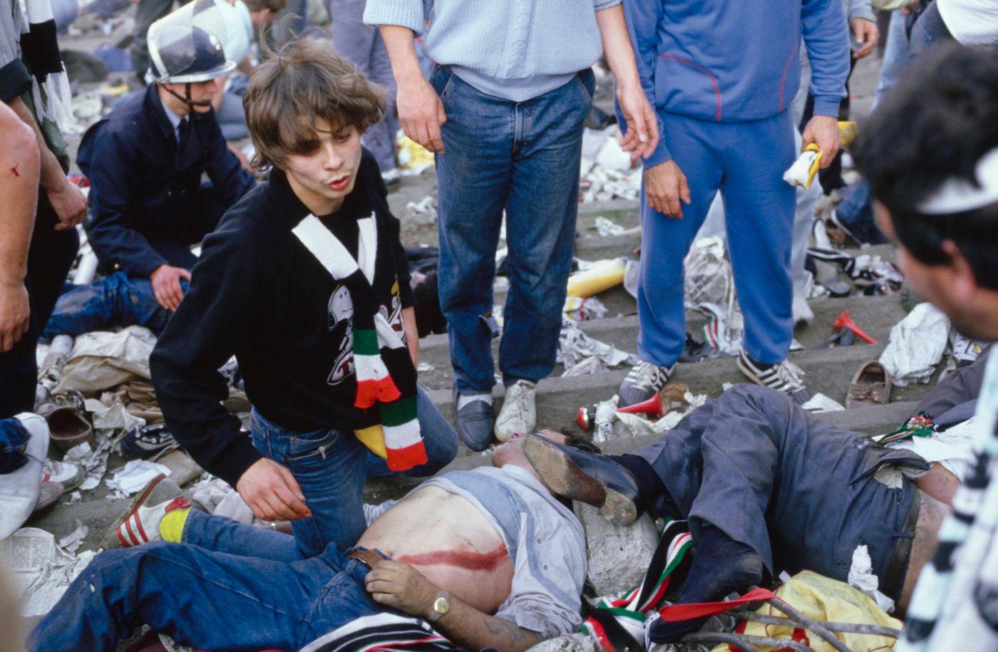 Police and Juventus fans on terraces following Heysel Stadium violence, European Cup Final, 1985.