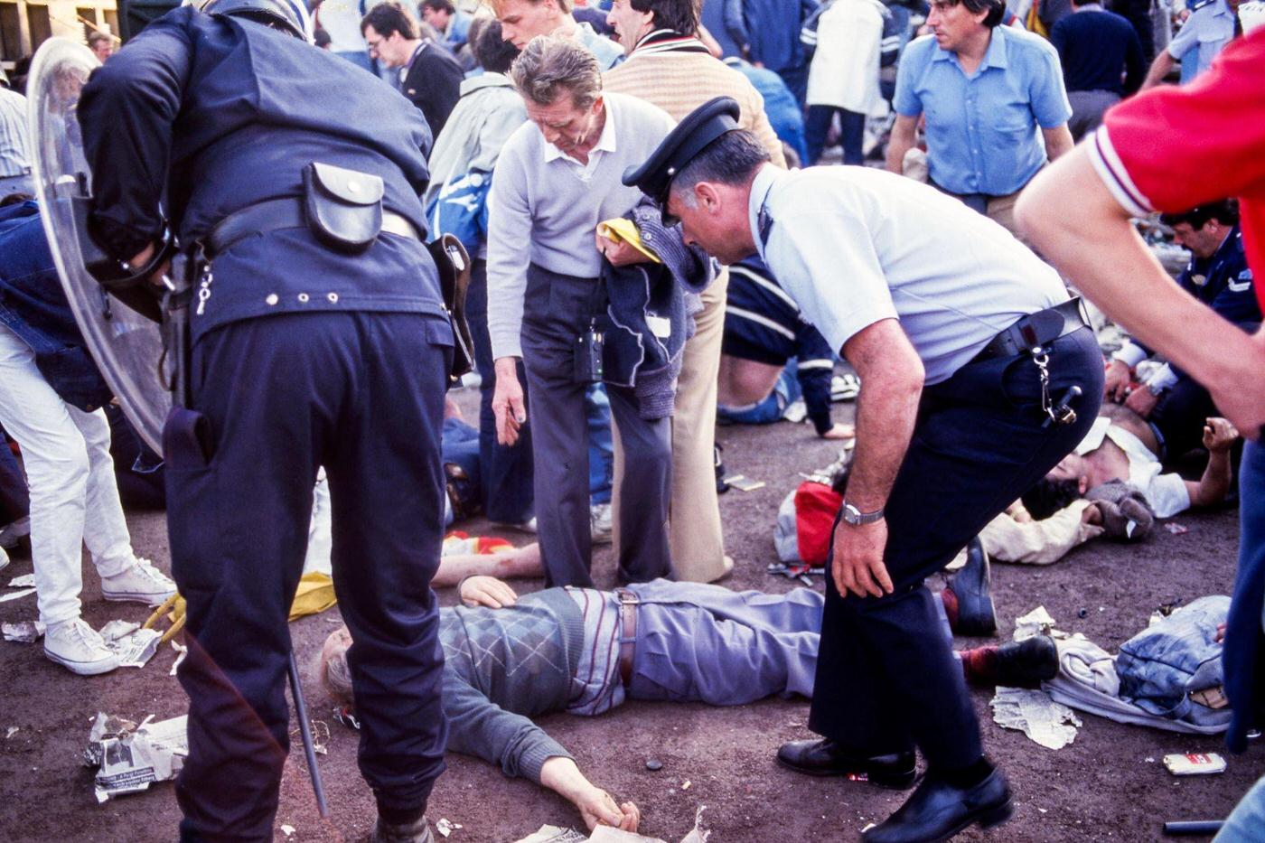 Bodies litter ground after Heysel Stadium riots, European Cup Final, 1985.