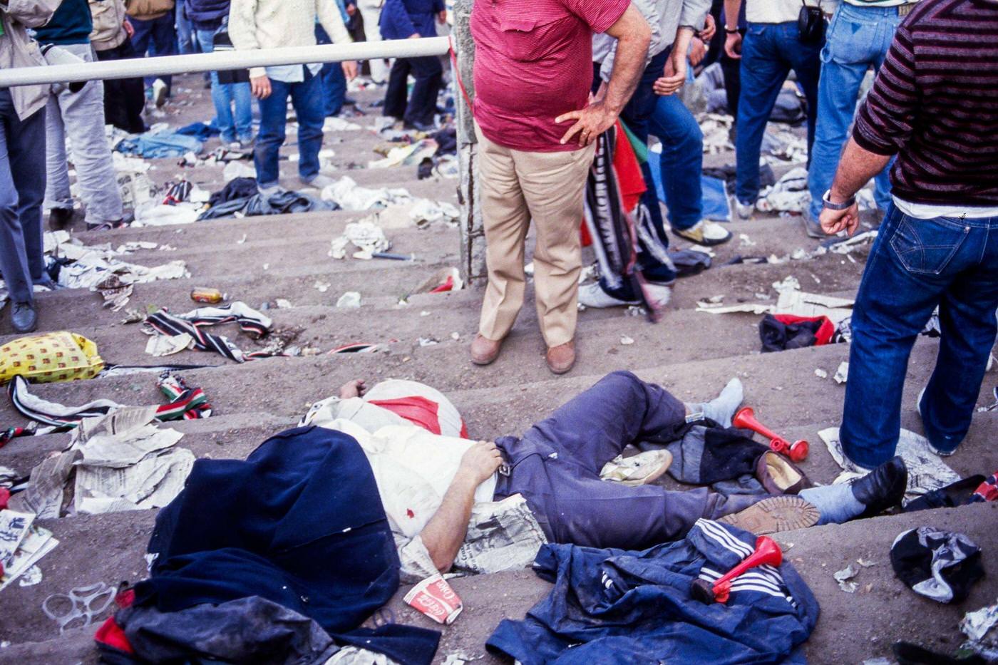 Bodies litter ground after Heysel Stadium riots, European Cup Final, 1985.