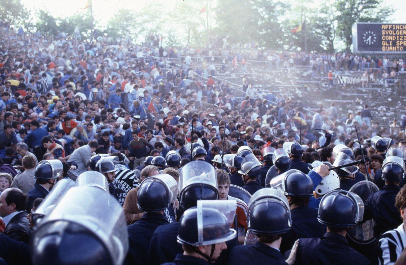 Belgium Police Struggle to Hold Back Supporters, Juventus vs. Liverpool, 1985.