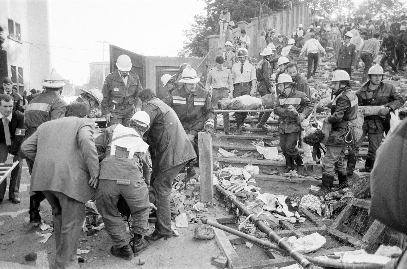 Fans pressed against a collapsing wall at Heysel Stadium, European Cup Final, 1985.