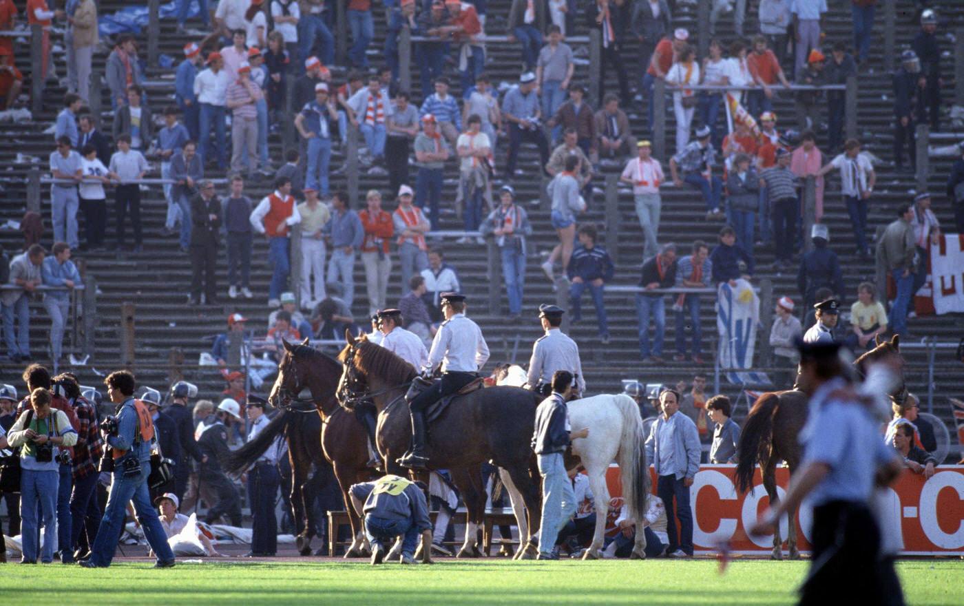 Mounted Police Patrol Pitch Side, Juventus vs. Liverpool, 1985.