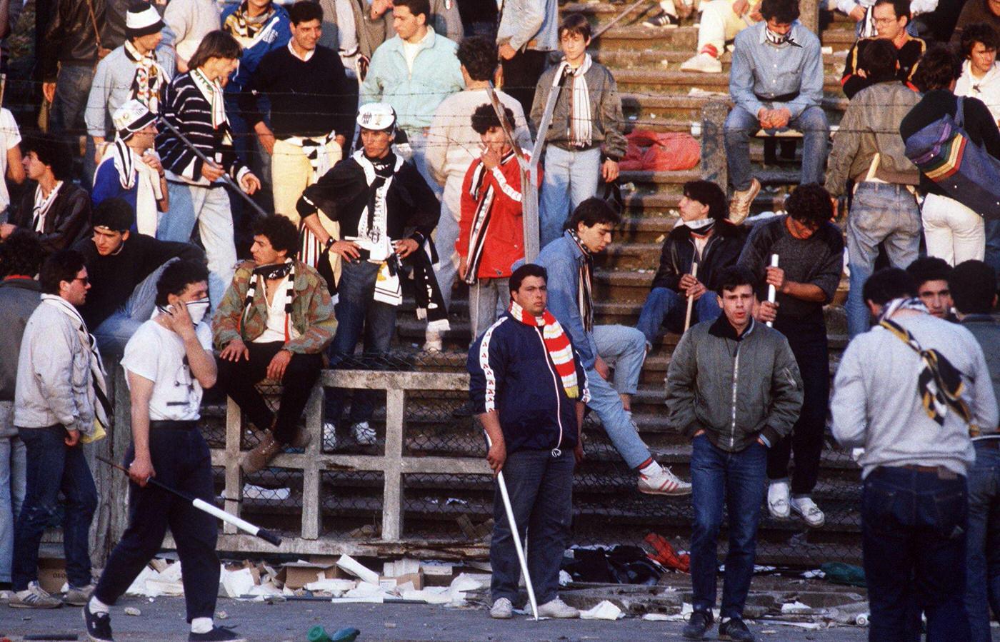 Rioters Face Police Forces at Heysel Stadium, 1985.