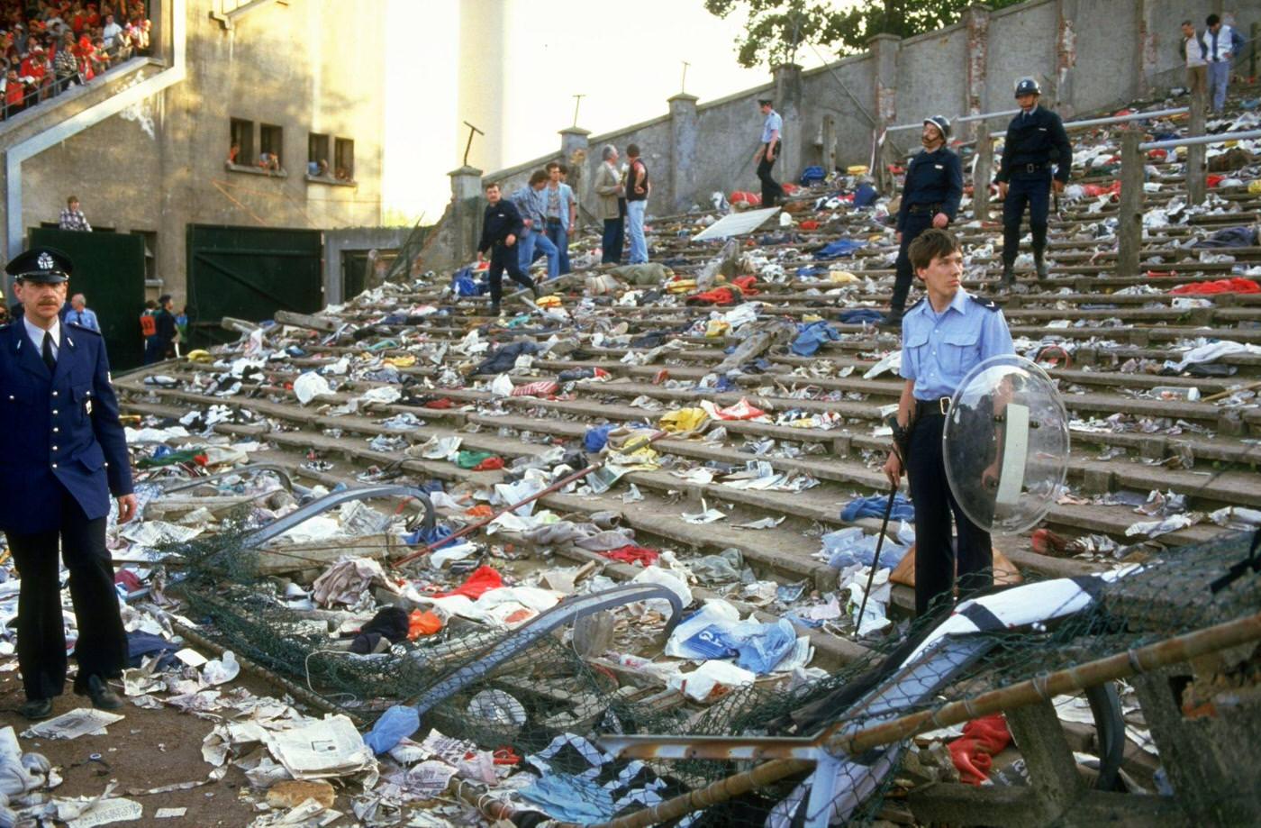 Ground staff clear aftermath of Heysel Stadium disaster, last European game for English clubs for 10 years, 1985.