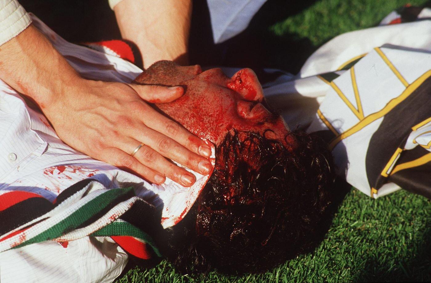 Victim of Heysel Stadium disaster crushed by fallen wall, European Cup Final, 1985.