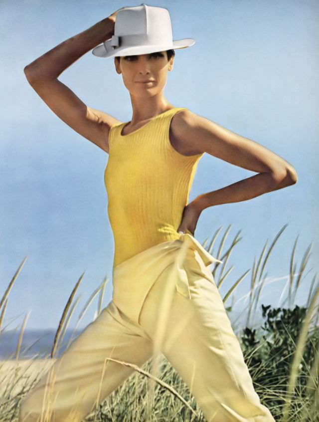 Isa Stoppi Wearing Yellow Ribbed Tank and Pants by Loomtogs, 1966