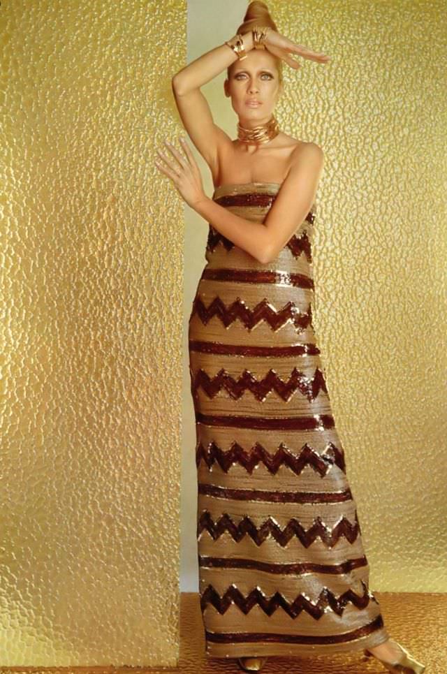 Isa Stoppi in African-Inspired Sequined Dress by Christian Dior, 1967