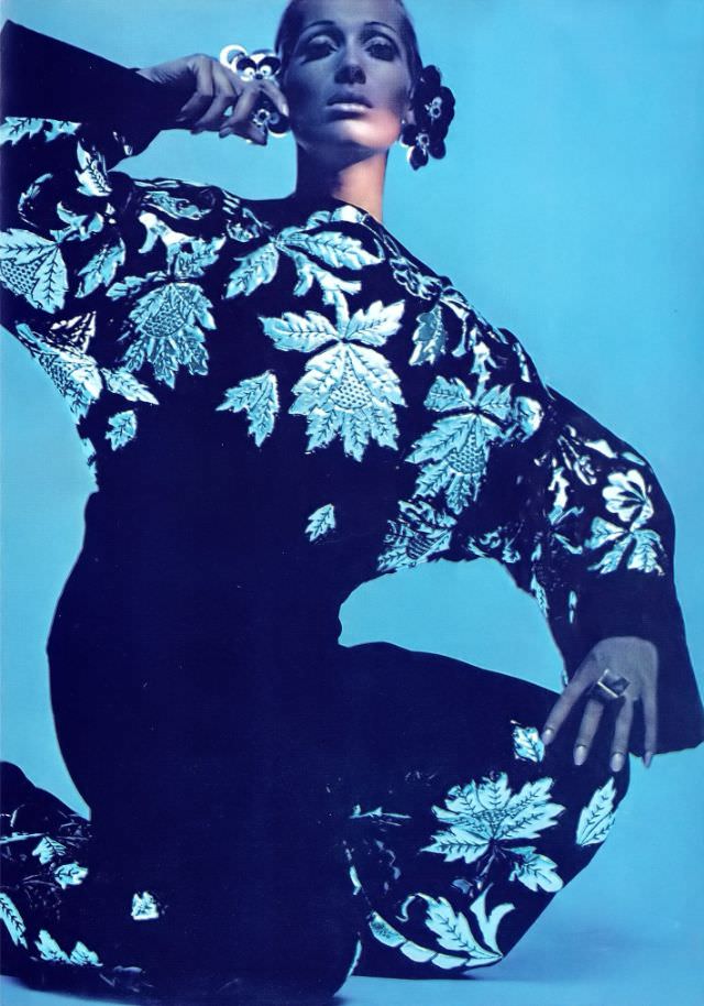 Isa Stoppi in Black Velvet Jumper-Pajamas with Silver Oriental Flowers by Sarmi, 1967