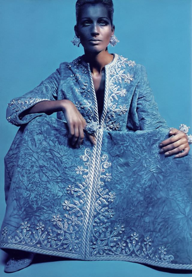 Isa Stoppi in Powder-Blue Velvet Caftan Traced with Silver Flowers by George Halley, 1967